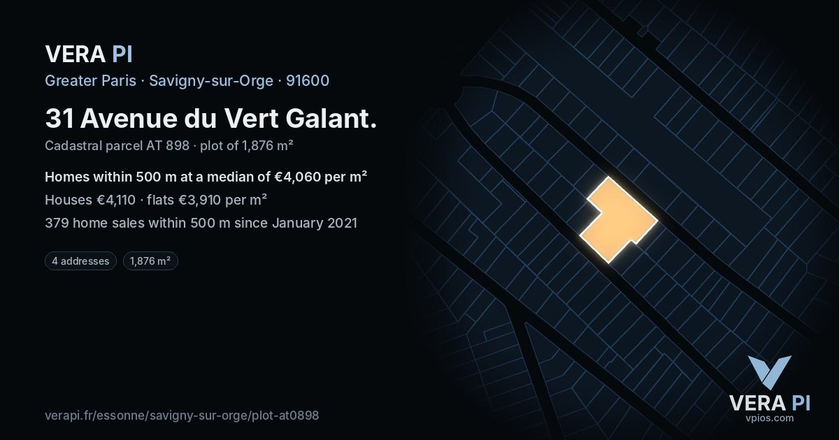 31 Avenue du Vert Galant, Savigny-sur-Orge at night – the plot lit, the parcels around coloured by the prices near them