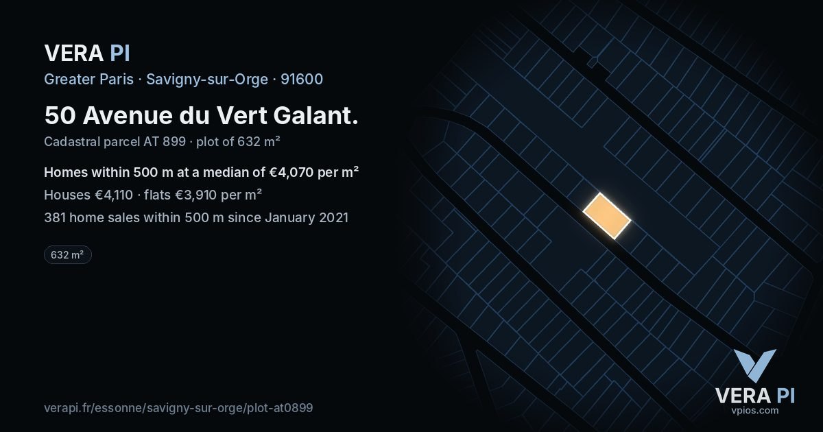 50 Avenue du Vert Galant, Savigny-sur-Orge at night – the plot lit, the parcels around coloured by the prices near them