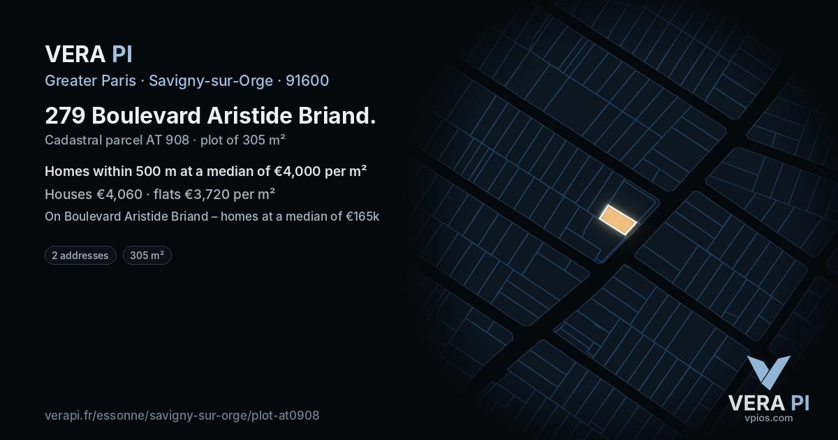 279 Boulevard Aristide Briand, Savigny-sur-Orge at night – the plot lit, the parcels around coloured by the prices near them