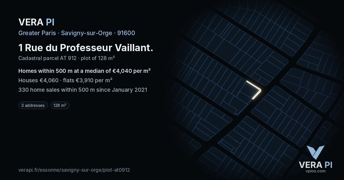 1 Rue du Professeur Vaillant, Savigny-sur-Orge at night – the plot lit, the parcels around coloured by the prices near them