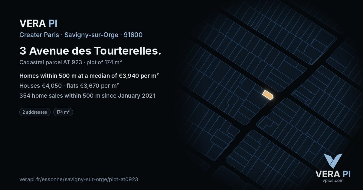 3 Avenue des Tourterelles, Savigny-sur-Orge at night – the plot lit, the parcels around coloured by the prices near them