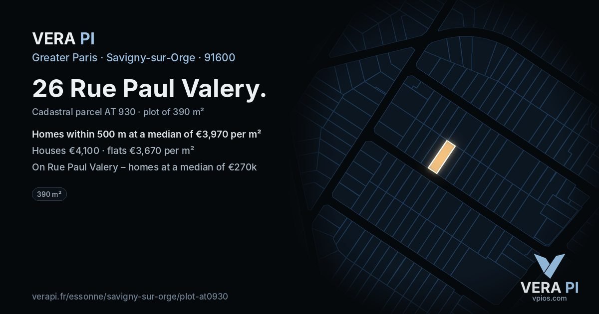 26 Rue Paul Valery, Savigny-sur-Orge at night – the plot lit, the parcels around coloured by the prices near them