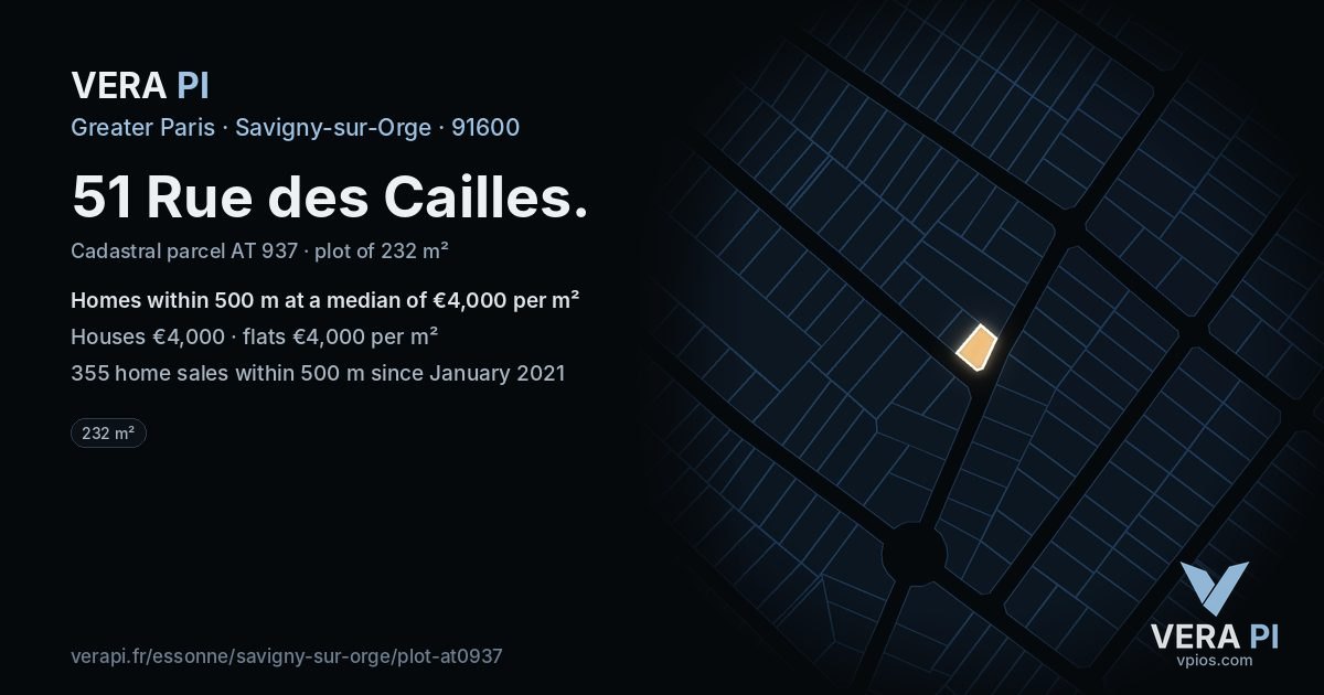 51 Rue des Cailles, Savigny-sur-Orge at night – the plot lit, the parcels around coloured by the prices near them