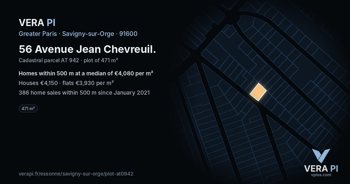 56 Avenue Jean Chevreuil, Savigny-sur-Orge at night – the plot lit, the parcels around coloured by the prices near them