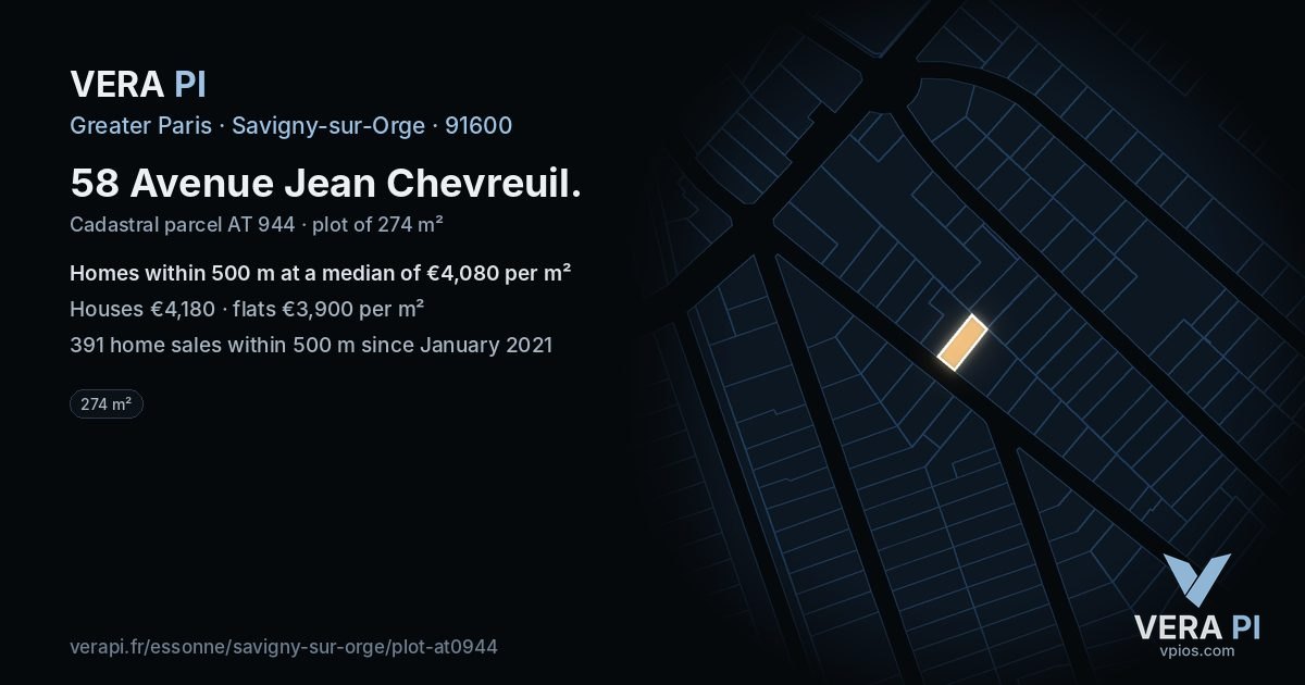 58 Avenue Jean Chevreuil, Savigny-sur-Orge at night – the plot lit, the parcels around coloured by the prices near them