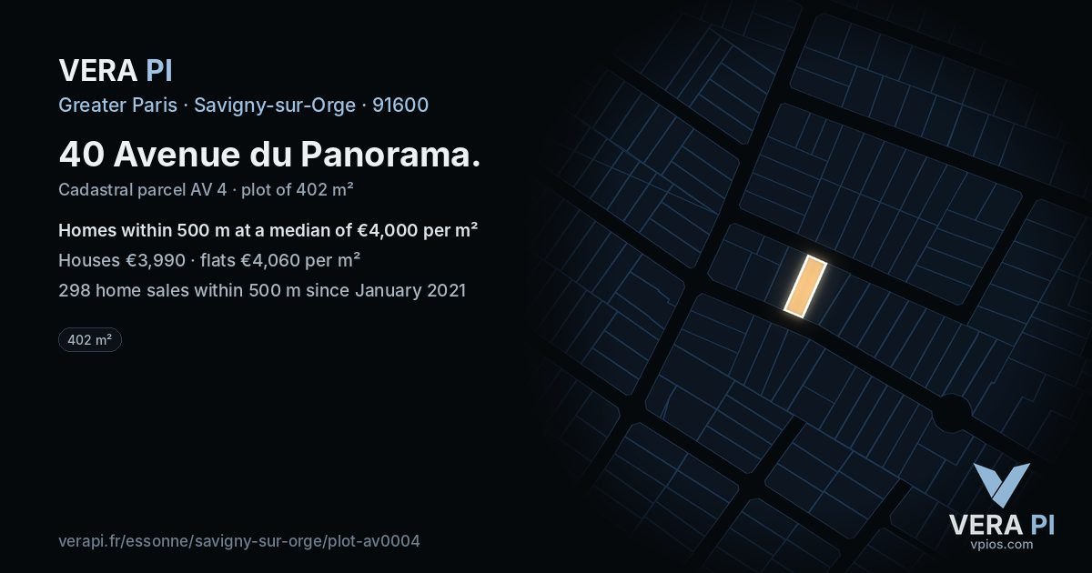 40 Avenue du Panorama, Savigny-sur-Orge at night – the plot lit, the parcels around coloured by the prices near them
