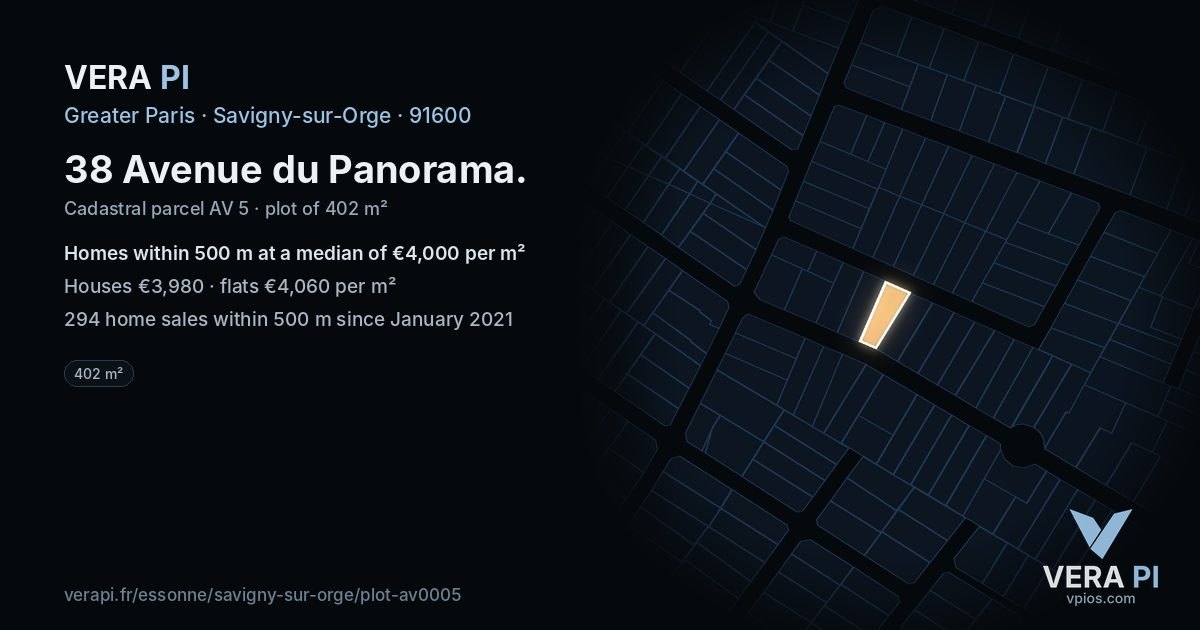 38 Avenue du Panorama, Savigny-sur-Orge at night – the plot lit, the parcels around coloured by the prices near them