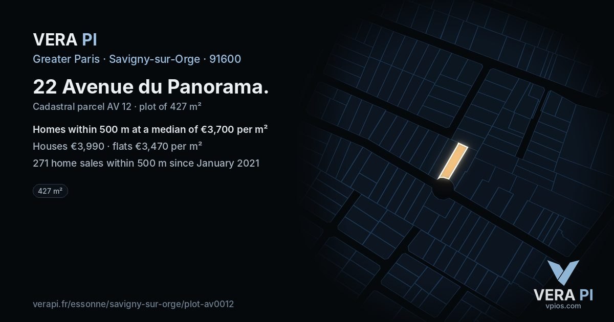 22 Avenue du Panorama, Savigny-sur-Orge at night – the plot lit, the parcels around coloured by the prices near them