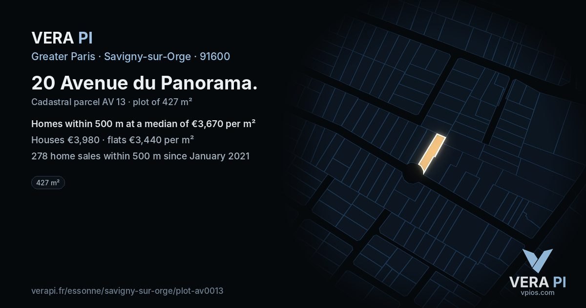 20 Avenue du Panorama, Savigny-sur-Orge at night – the plot lit, the parcels around coloured by the prices near them