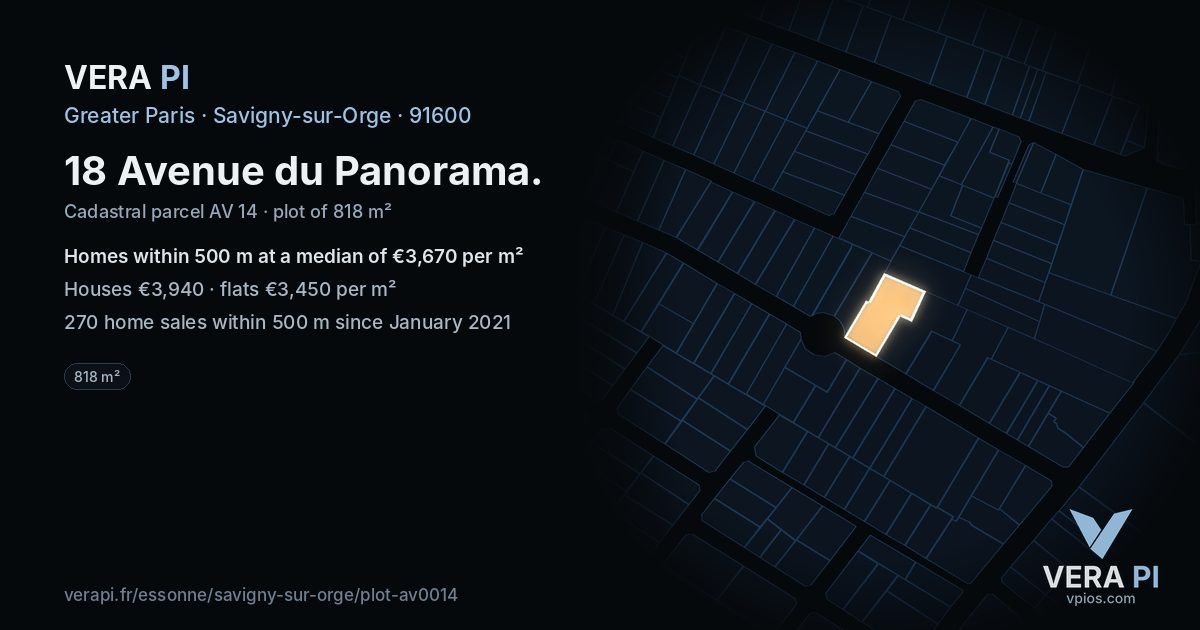 18 Avenue du Panorama, Savigny-sur-Orge at night – the plot lit, the parcels around coloured by the prices near them