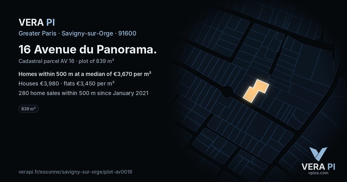 16 Avenue du Panorama, Savigny-sur-Orge at night – the plot lit, the parcels around coloured by the prices near them
