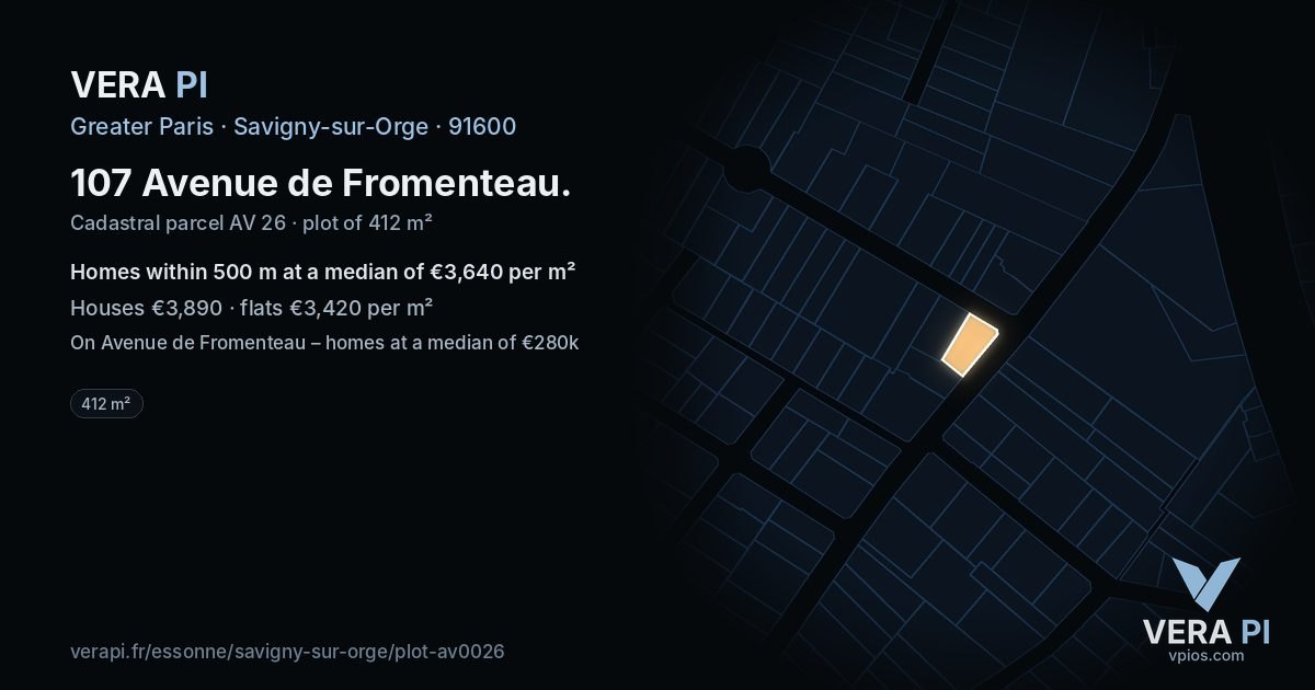 107 Avenue de Fromenteau, Savigny-sur-Orge at night – the plot lit, the parcels around coloured by the prices near them
