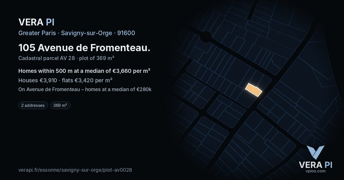 105 Avenue de Fromenteau, Savigny-sur-Orge at night – the plot lit, the parcels around coloured by the prices near them