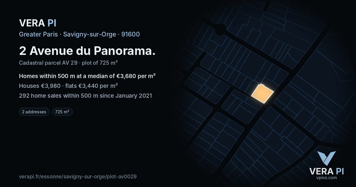 2 Avenue du Panorama, Savigny-sur-Orge at night – the plot lit, the parcels around coloured by the prices near them