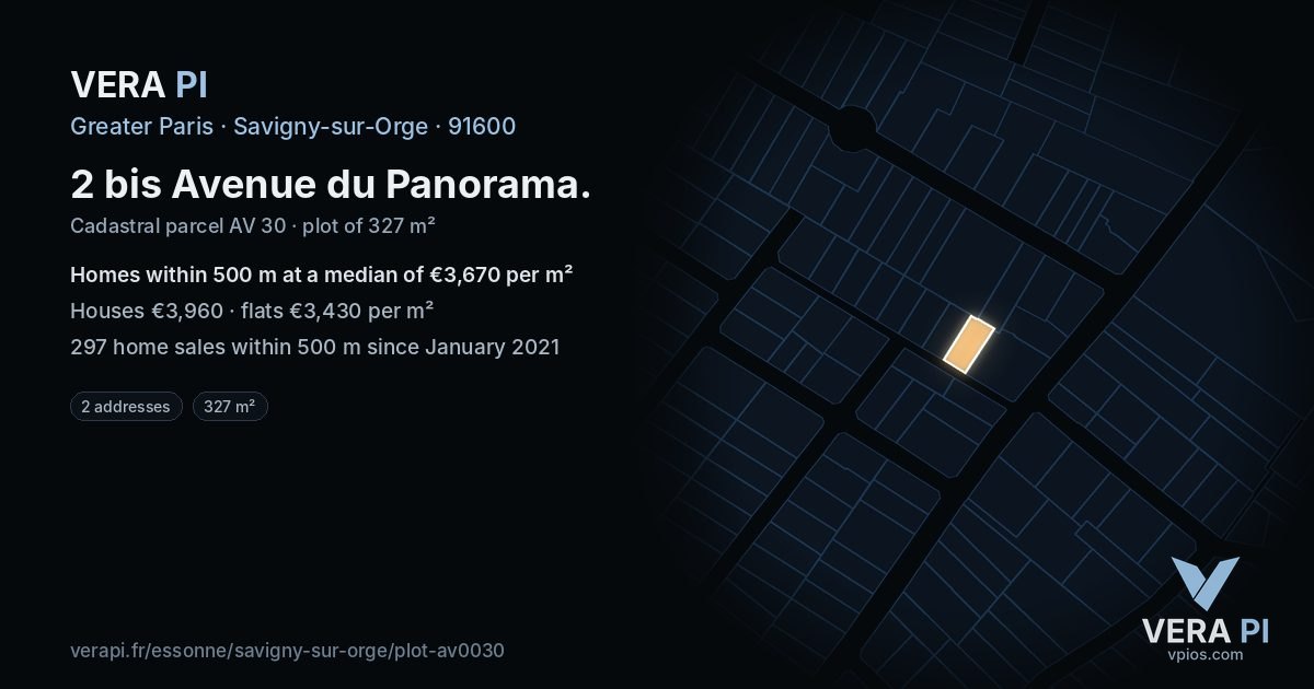2 bis Avenue du Panorama, Savigny-sur-Orge at night – the plot lit, the parcels around coloured by the prices near them