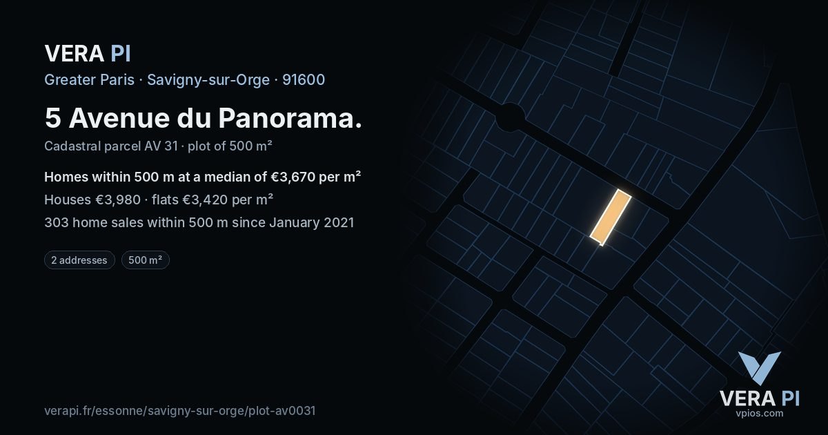 5 Avenue du Panorama, Savigny-sur-Orge at night – the plot lit, the parcels around coloured by the prices near them