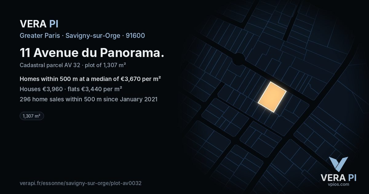 11 Avenue du Panorama, Savigny-sur-Orge at night – the plot lit, the parcels around coloured by the prices near them