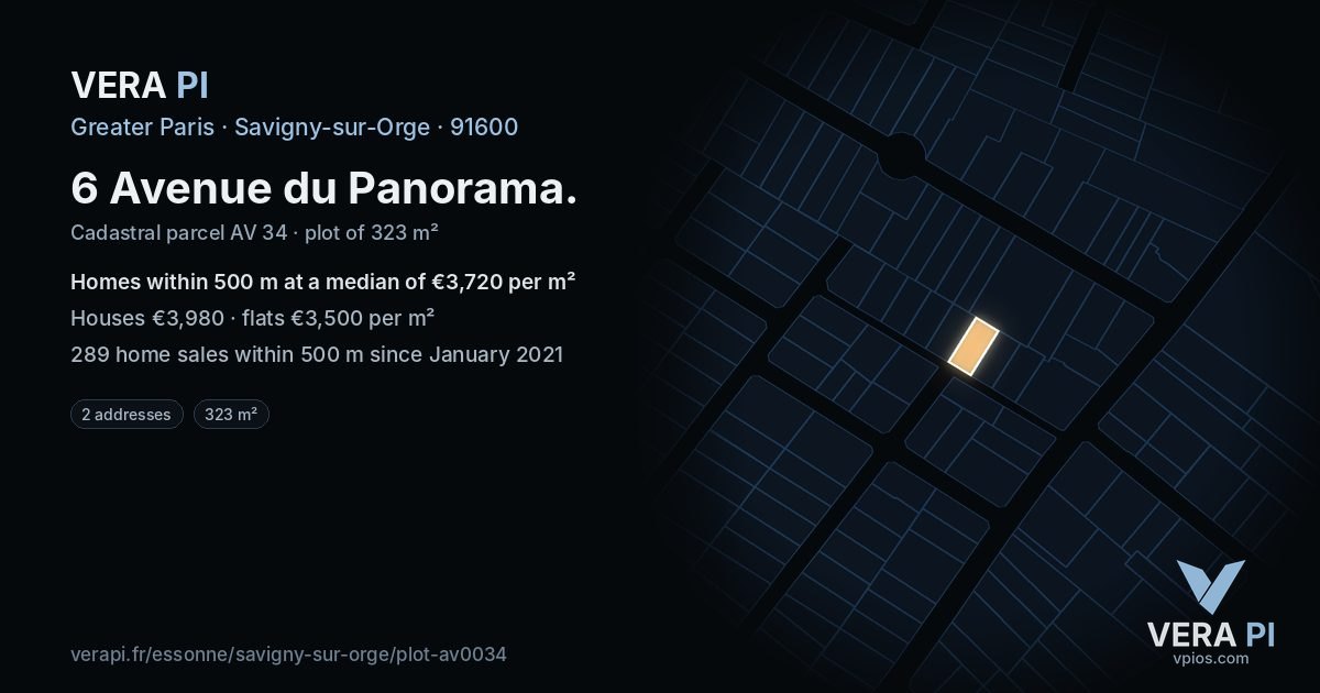 6 Avenue du Panorama, Savigny-sur-Orge at night – the plot lit, the parcels around coloured by the prices near them