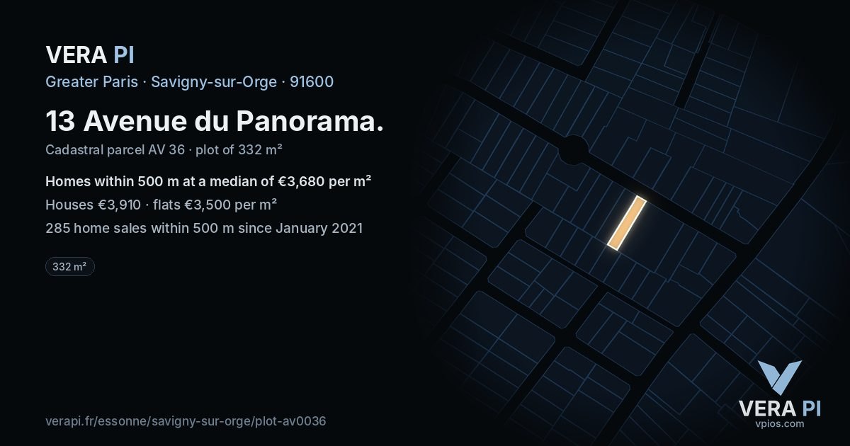 13 Avenue du Panorama, Savigny-sur-Orge at night – the plot lit, the parcels around coloured by the prices near them