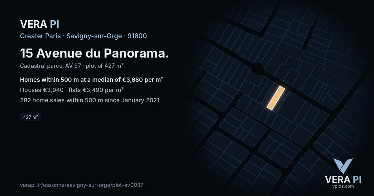 15 Avenue du Panorama, Savigny-sur-Orge at night – the plot lit, the parcels around coloured by the prices near them