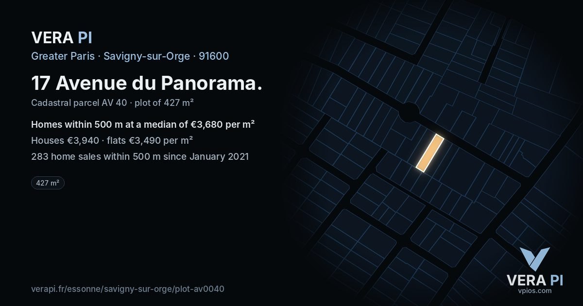 17 Avenue du Panorama, Savigny-sur-Orge at night – the plot lit, the parcels around coloured by the prices near them