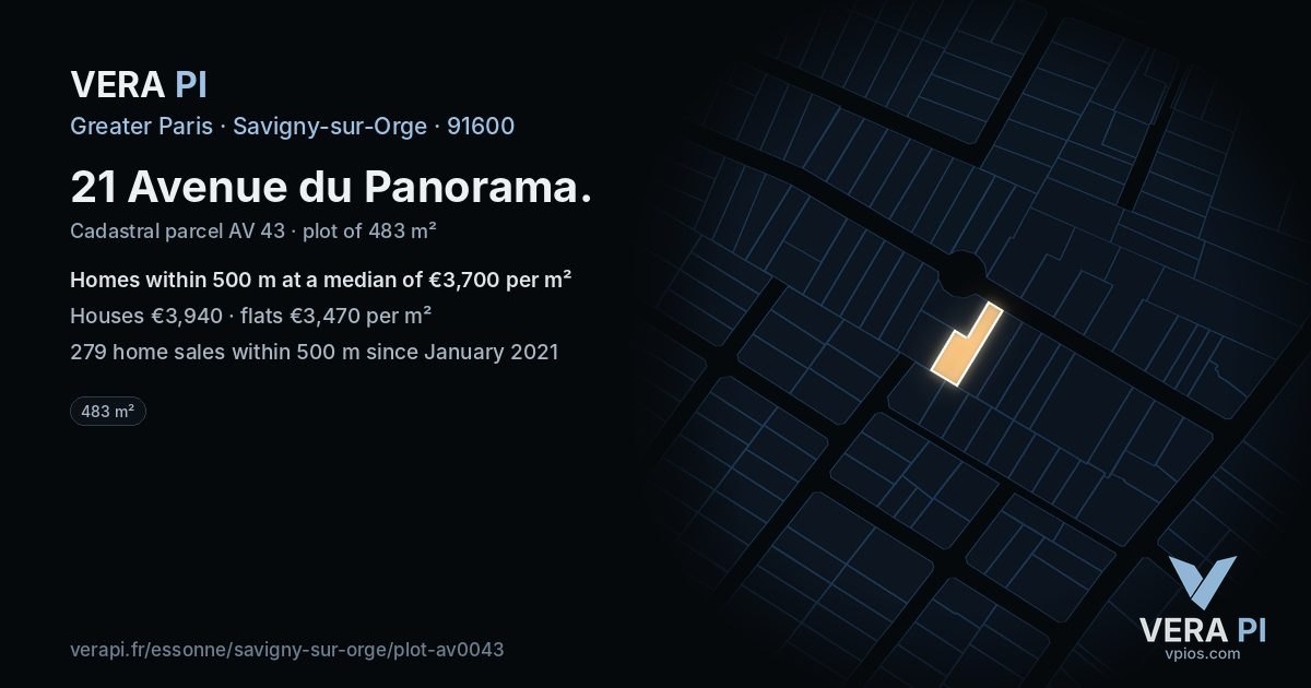 21 Avenue du Panorama, Savigny-sur-Orge at night – the plot lit, the parcels around coloured by the prices near them