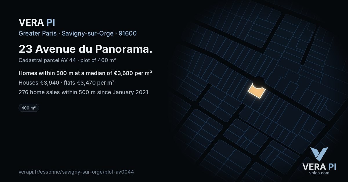 23 Avenue du Panorama, Savigny-sur-Orge at night – the plot lit, the parcels around coloured by the prices near them