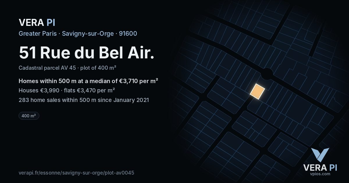 51 Rue du Bel Air, Savigny-sur-Orge at night – the plot lit, the parcels around coloured by the prices near them