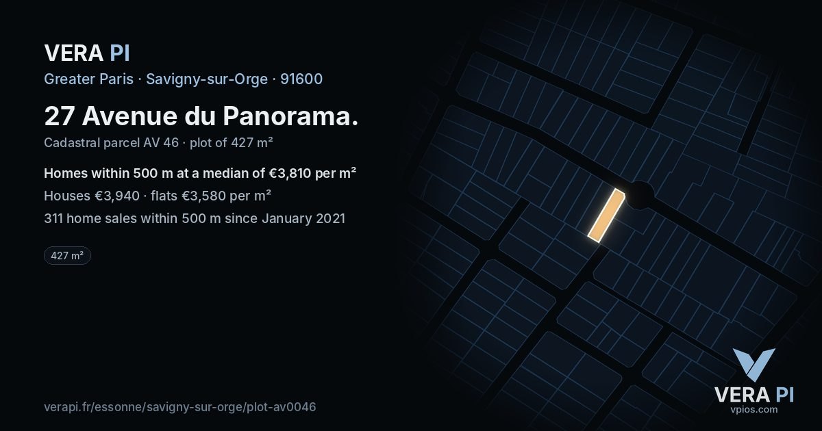 27 Avenue du Panorama, Savigny-sur-Orge at night – the plot lit, the parcels around coloured by the prices near them
