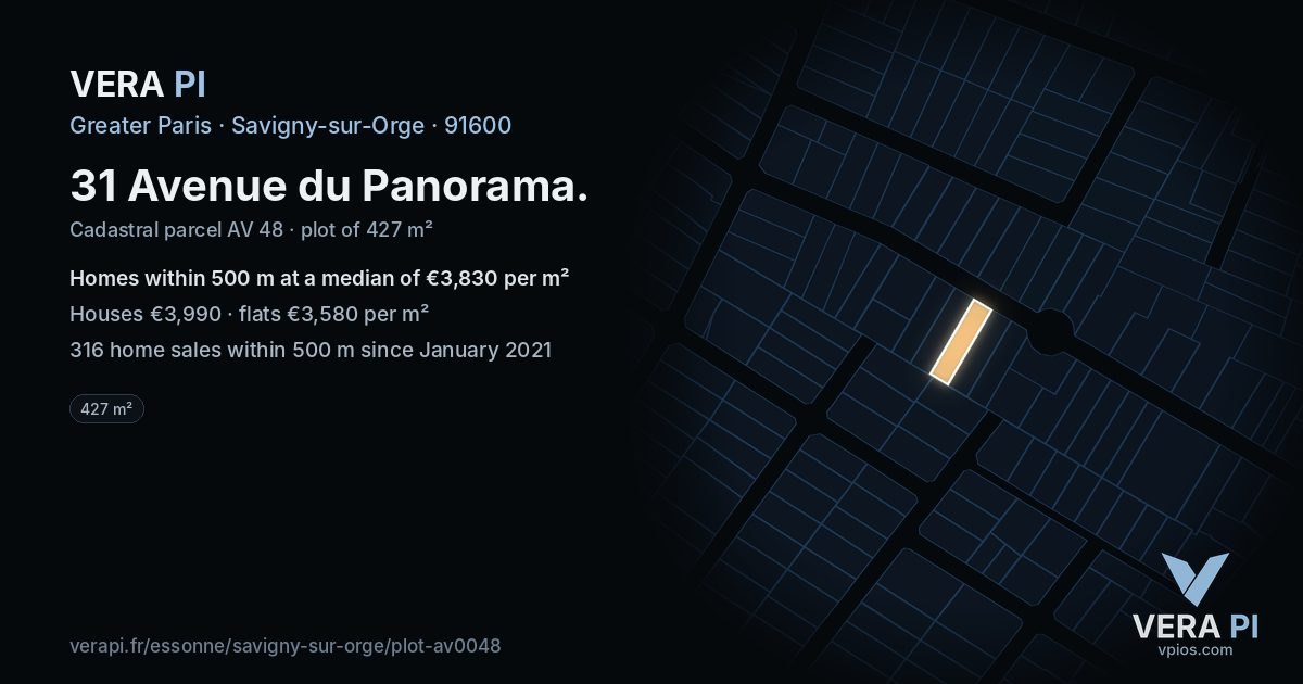 31 Avenue du Panorama, Savigny-sur-Orge at night – the plot lit, the parcels around coloured by the prices near them
