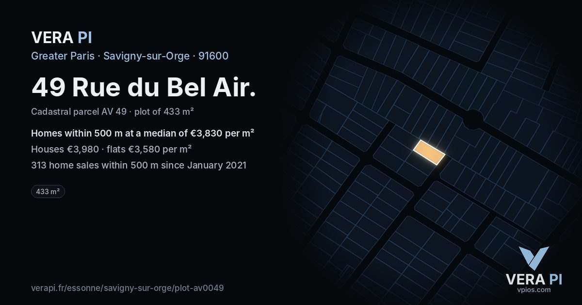 49 Rue du Bel Air, Savigny-sur-Orge at night – the plot lit, the parcels around coloured by the prices near them