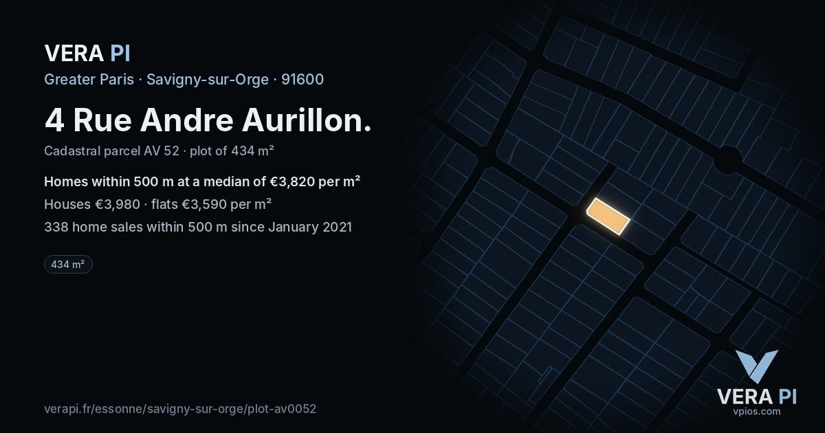 4 Rue Andre Aurillon, Savigny-sur-Orge at night – the plot lit, the parcels around coloured by the prices near them