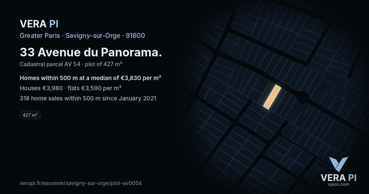 33 Avenue du Panorama, Savigny-sur-Orge at night – the plot lit, the parcels around coloured by the prices near them