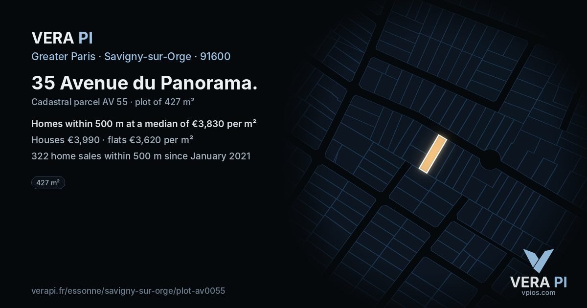 35 Avenue du Panorama, Savigny-sur-Orge at night – the plot lit, the parcels around coloured by the prices near them