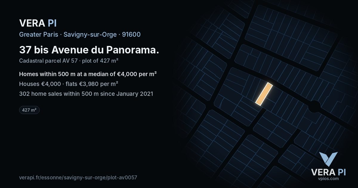 37 bis Avenue du Panorama, Savigny-sur-Orge at night – the plot lit, the parcels around coloured by the prices near them