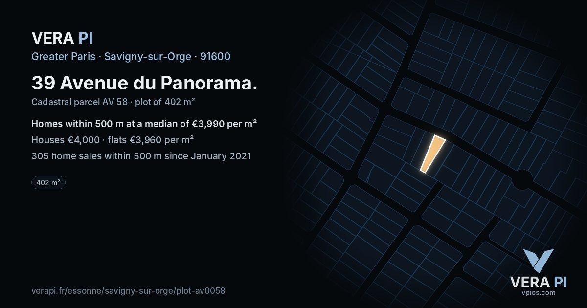 39 Avenue du Panorama, Savigny-sur-Orge at night – the plot lit, the parcels around coloured by the prices near them