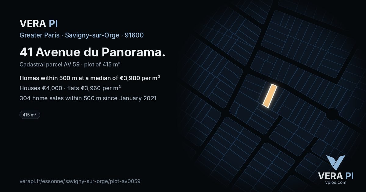 41 Avenue du Panorama, Savigny-sur-Orge at night – the plot lit, the parcels around coloured by the prices near them