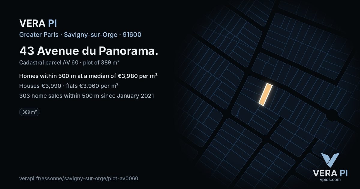 43 Avenue du Panorama, Savigny-sur-Orge at night – the plot lit, the parcels around coloured by the prices near them