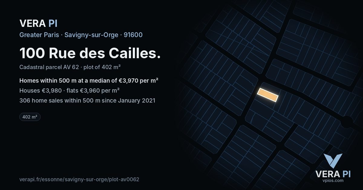 100 Rue des Cailles, Savigny-sur-Orge at night – the plot lit, the parcels around coloured by the prices near them