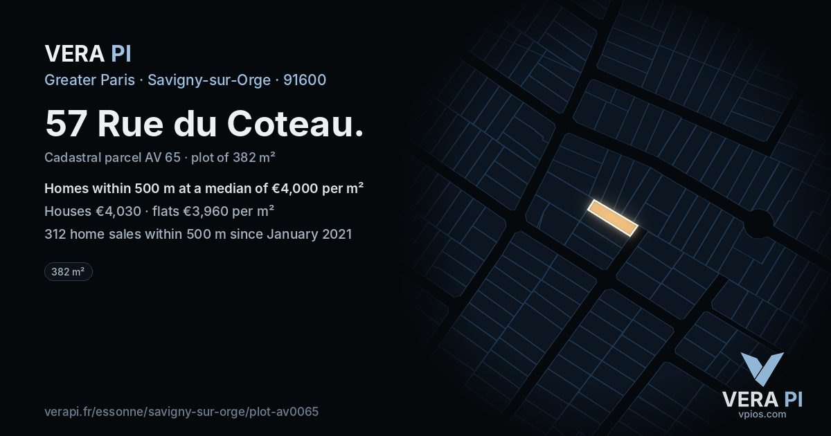57 Rue du Coteau, Savigny-sur-Orge at night – the plot lit, the parcels around coloured by the prices near them