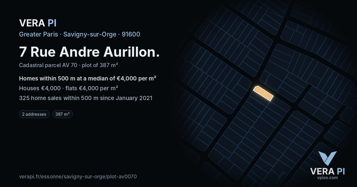 7 Rue Andre Aurillon, Savigny-sur-Orge at night – the plot lit, the parcels around coloured by the prices near them
