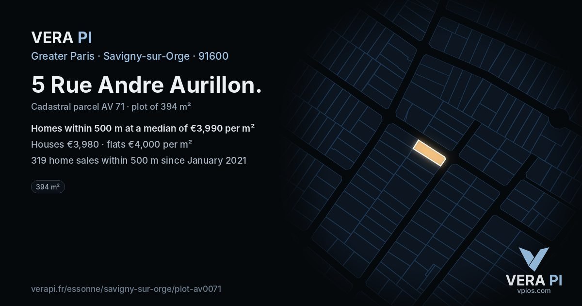 5 Rue Andre Aurillon, Savigny-sur-Orge at night – the plot lit, the parcels around coloured by the prices near them