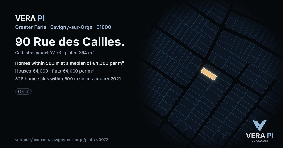 90 Rue des Cailles, Savigny-sur-Orge at night – the plot lit, the parcels around coloured by the prices near them