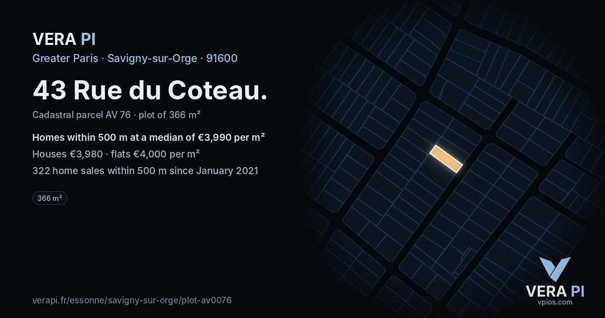43 Rue du Coteau, Savigny-sur-Orge at night – the plot lit, the parcels around coloured by the prices near them