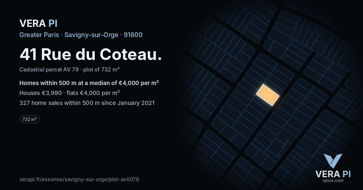 41 Rue du Coteau, Savigny-sur-Orge at night – the plot lit, the parcels around coloured by the prices near them