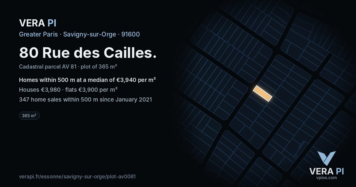 80 Rue des Cailles, Savigny-sur-Orge at night – the plot lit, the parcels around coloured by the prices near them