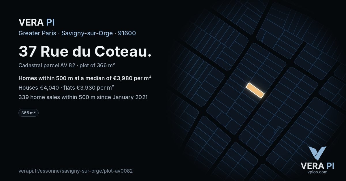 37 Rue du Coteau, Savigny-sur-Orge at night – the plot lit, the parcels around coloured by the prices near them