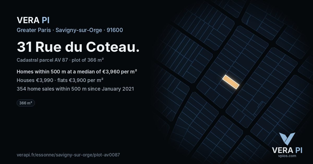 31 Rue du Coteau, Savigny-sur-Orge at night – the plot lit, the parcels around coloured by the prices near them