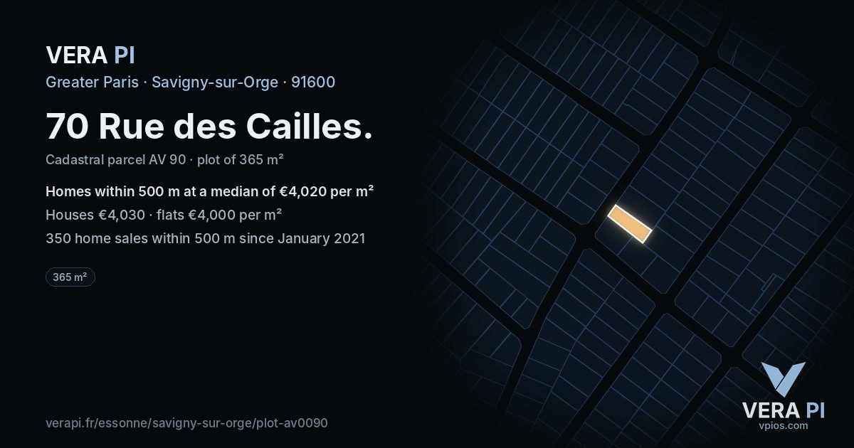 70 Rue des Cailles, Savigny-sur-Orge at night – the plot lit, the parcels around coloured by the prices near them