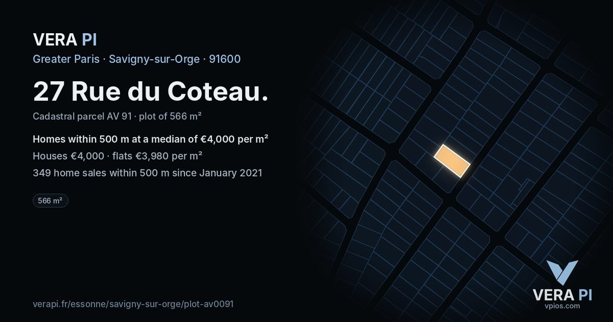 27 Rue du Coteau, Savigny-sur-Orge at night – the plot lit, the parcels around coloured by the prices near them